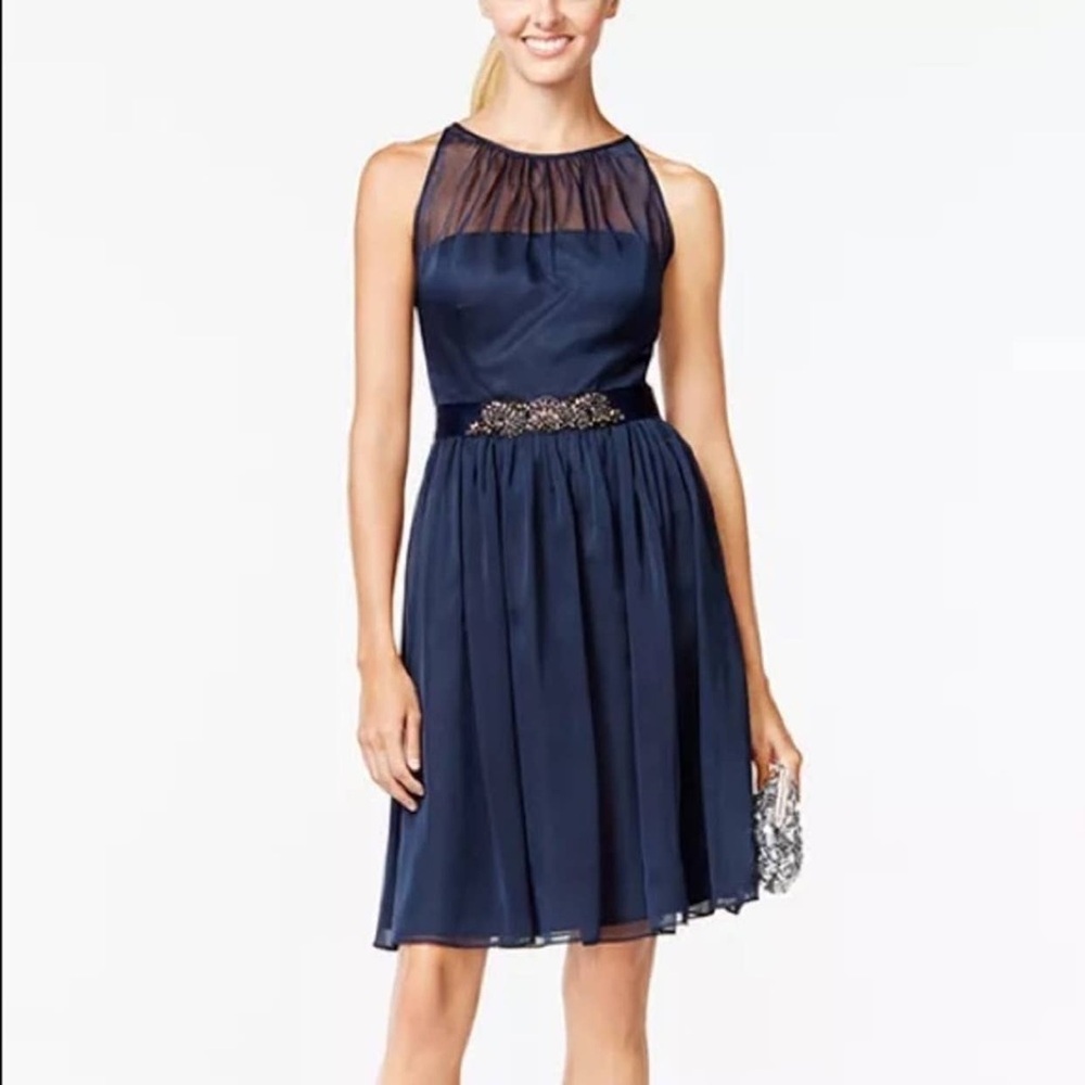 Adrianna Papell Navy Blue Chiffon Halter Dress Size 2